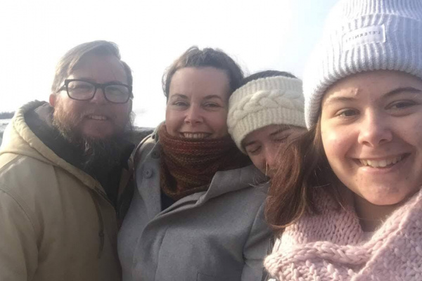Mat Nightingale, Hubbards Streetscape committee member, posing with wife and two daughters bundled from the Nova Scotia cold.