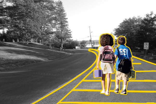 Two children walking to school on drawn sidewalk.